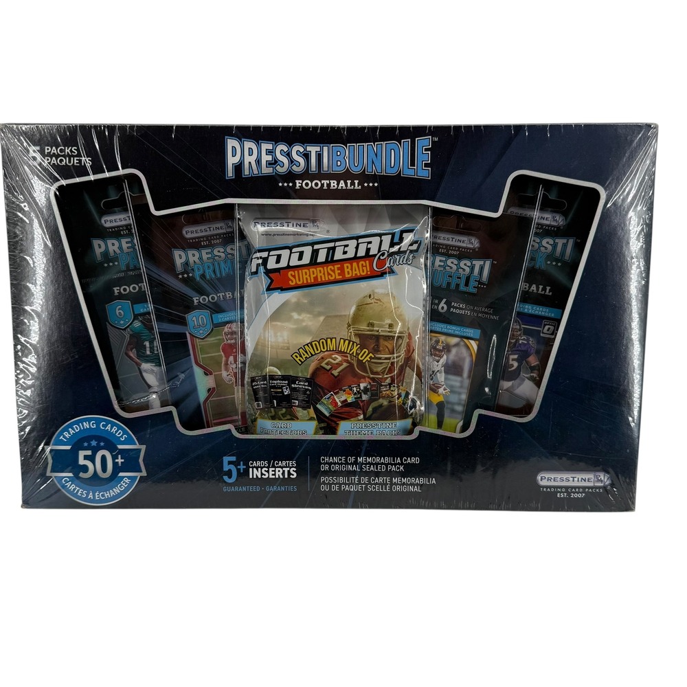 PRESTIBUNDLE FOOTBALL TRADING CARD PACKS BOX 50+ CARDS GUARANTEED NEW SEALED‎